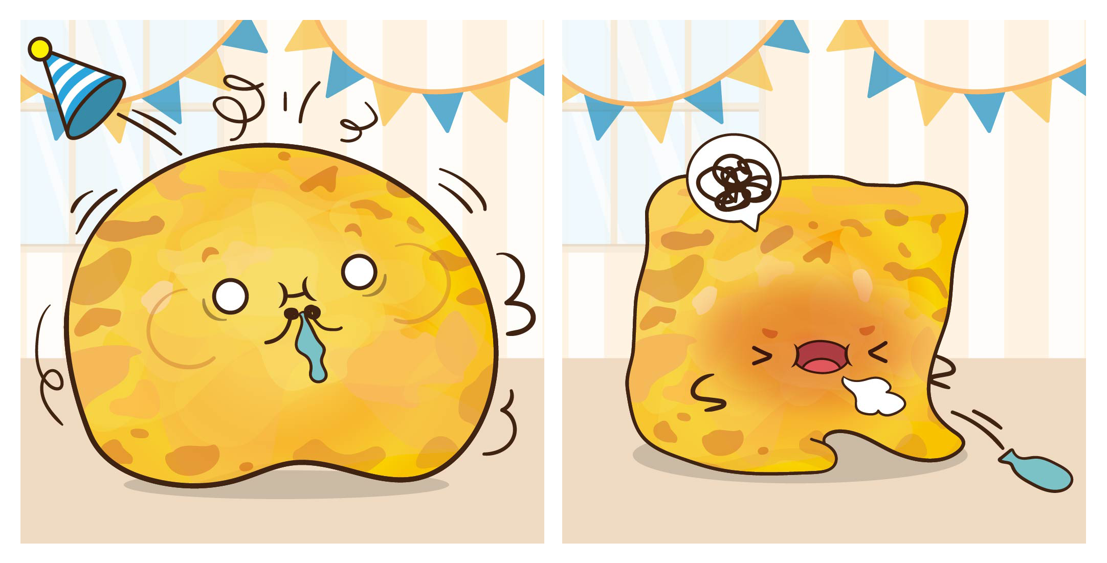 Two-panel cartoon of a yellow blob shaking, then coughing out a blue item, with party bunting overhead.